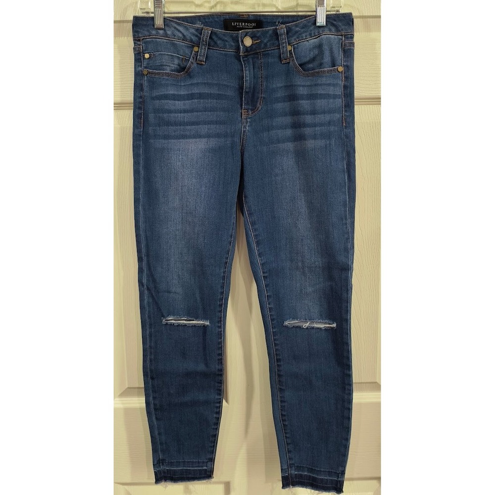 Liverpool The Crop Skinny Jeans Medium Wash Distressed Raw Hem‎ Womens 6 28